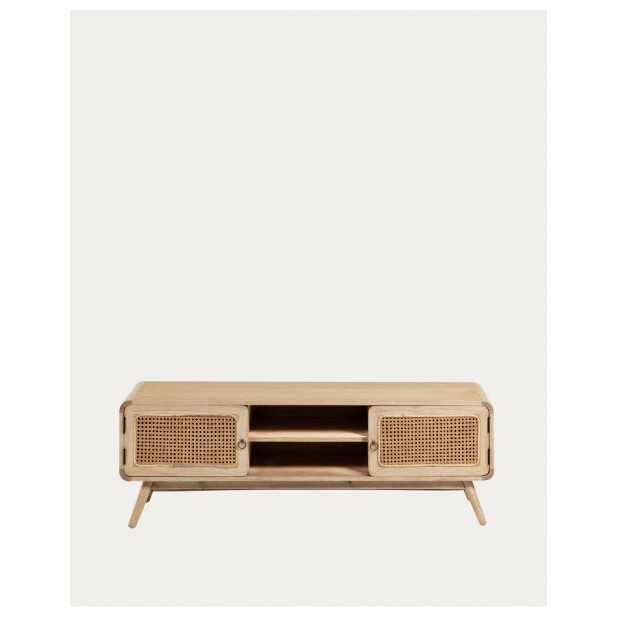 Mueble TV Nalu 2 puertas de madera maciza de mindi y ratán 150 x 50 cm - Kave Home