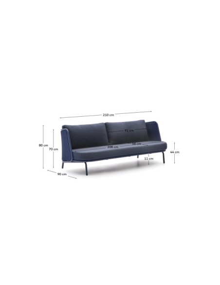 Sofá de 3 plazas de exterior Sedalis de aluminio y cuerda azul 210 cm - Kave Home