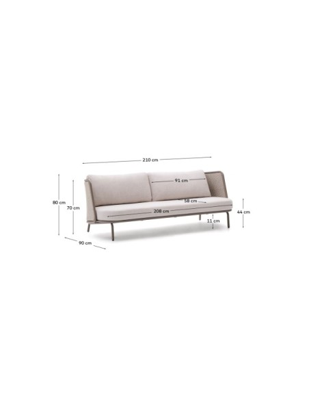 Sofá de 3 plazas de exterior Sedalis de aluminio y cuerda topo 210 cm - Kave Home