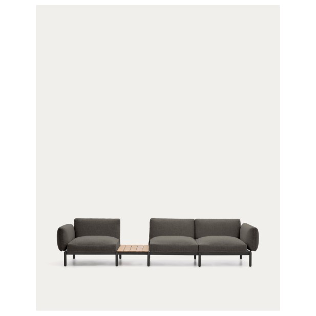 Sofá modular exterior Sorells 3 plazas tapizado gris y aluminio gris con mesa de teca 341 x 113 cm FSC 100% - Kave Home