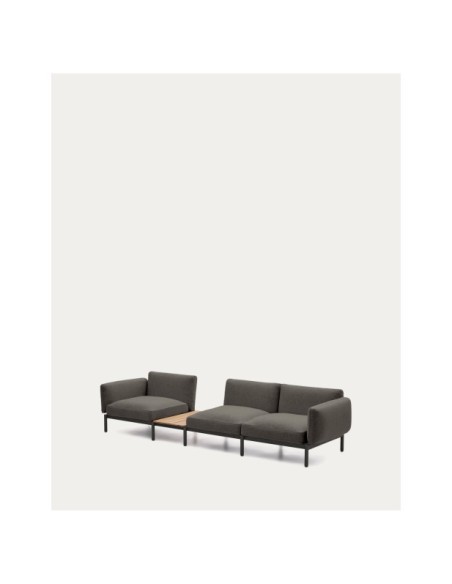 Sofá modular exterior Sorells 3 plazas tapizado gris y aluminio gris con mesa de teca 341 x 113 cm FSC 100% - Kave Home