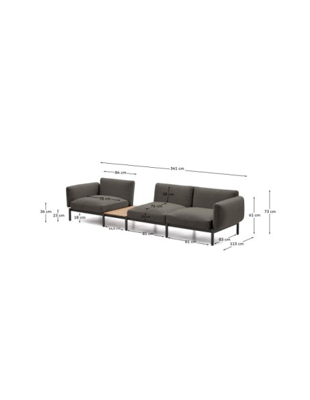 Sofá modular exterior Sorells 3 plazas tapizado gris y aluminio gris con mesa de teca 341 x 113 cm FSC 100% - Kave Home
