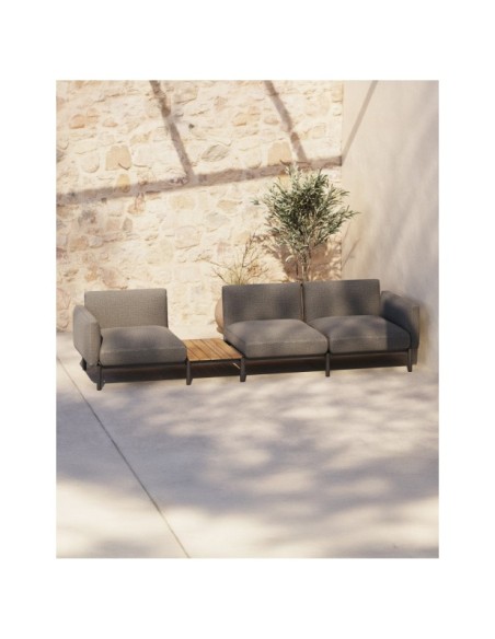 Sofá modular exterior Sorells 3 plazas tapizado gris y aluminio gris con mesa de teca 341 x 113 cm FSC 100% - Kave Home