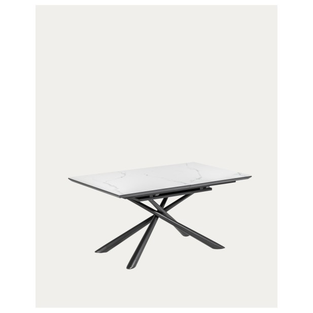 Mesa extensible Theone porcelánico blanco y patas de acero acabado negro 160 (210) x 90 cm - Kave Home