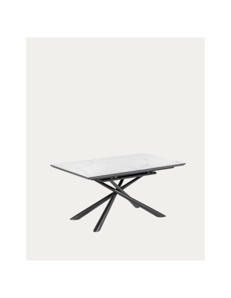 Mesa extensible Theone porcelánico blanco y patas de acero acabado negro 160 (210) x 90 cm - Kave Home