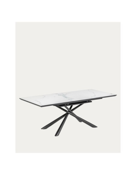 Mesa extensible Theone porcelánico blanco y patas de acero acabado negro 160 (210) x 90 cm - Kave Home