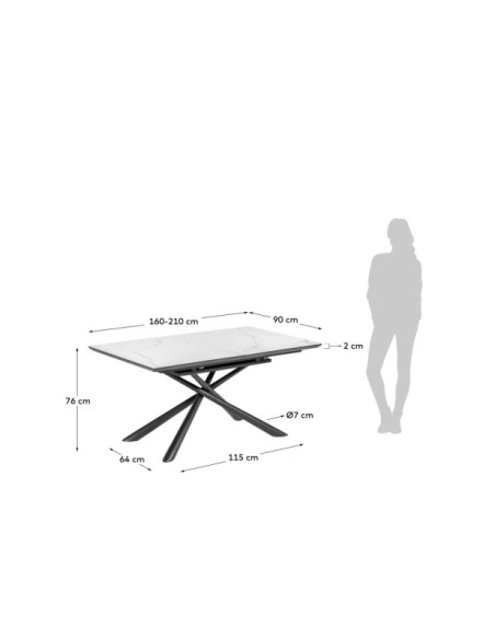 Mesa extensible Theone porcelánico blanco y patas de acero acabado negro 160 (210) x 90 cm - Kave Home