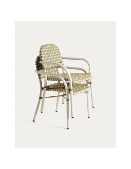 Silla apilable Tuccia de aluminio y ratán sintético verde y beige - Kave Home