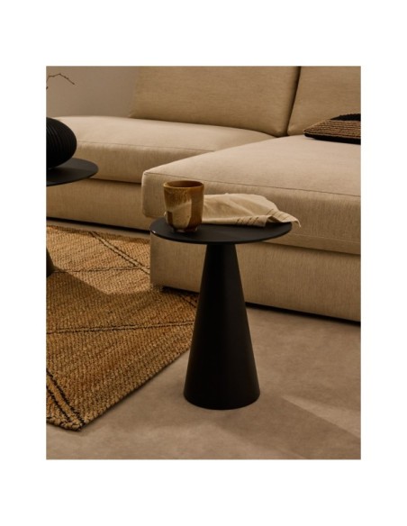 Mesa auxiliar Wilshire cristal templado glaseado y acero acabado pintado negro mate Ø35cm - Kave Home