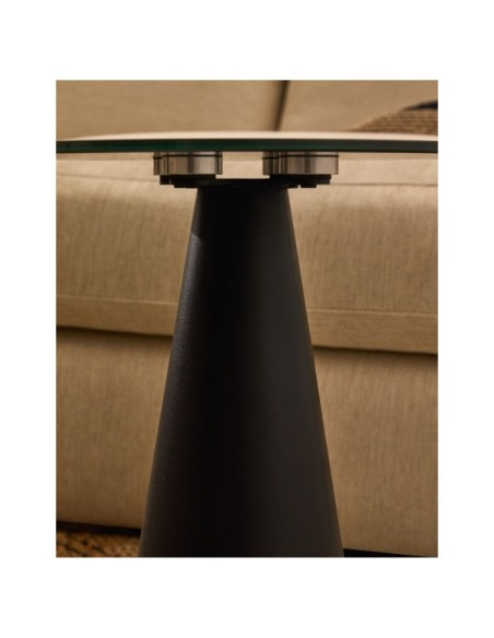 Mesa auxiliar Wilshire cristal templado glaseado y acero acabado pintado negro mate Ø35cm - Kave Home