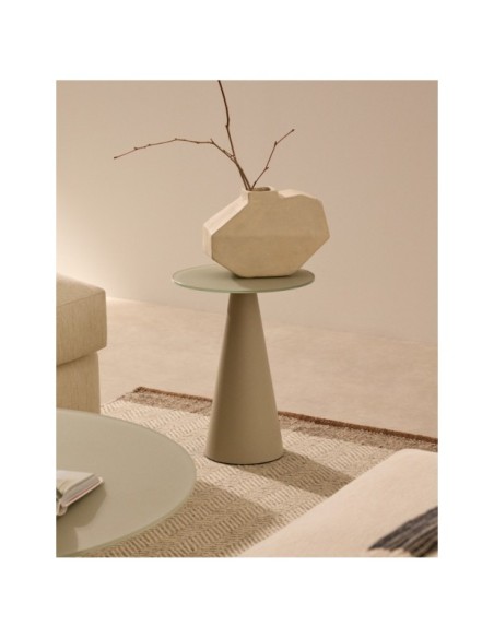 Mesa auxiliar Wilshire cristal templado glaseado y acero acabado pintado gris mate Ø35cm - Kave Home