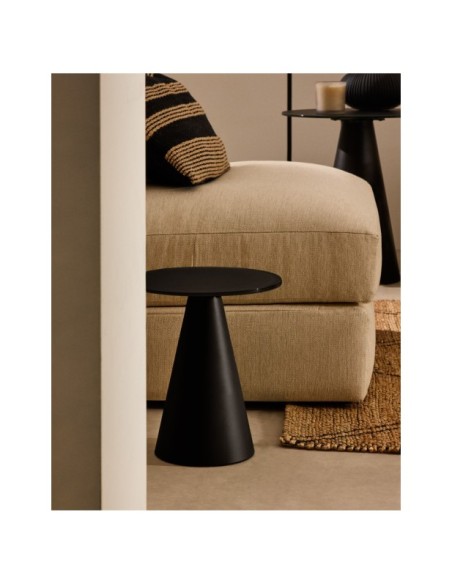 Mesa auxiliar Wilshire cristal templado glaseado y acero acabado pintado negro mate Ø30cm - Kave Home