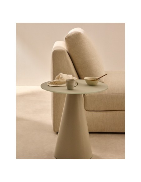 Mesa auxiliar Wilshire cristal templado glaseado y acero acabado pintado gris mate Ø50cm - Kave Home