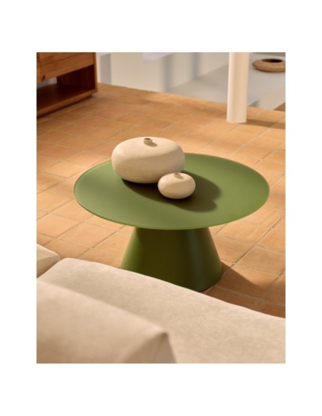 Mesa de centro Wilshire cristal templado glaseado y acero acabado pintado verde mate Ø80cm - Kave Home