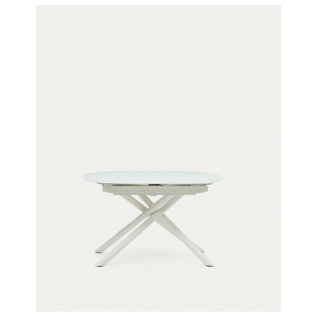 Mesa extensible Yodalia cristal templado y patas de acero acabado blanco 130(190)x100 cm - Kave Home