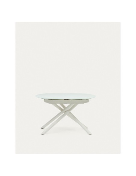 Mesa extensible Yodalia cristal templado y patas de acero acabado blanco 130(190)x100 cm - Kave Home