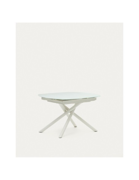 Mesa extensible Yodalia cristal templado y patas de acero acabado blanco 130(190)x100 cm - Kave Home