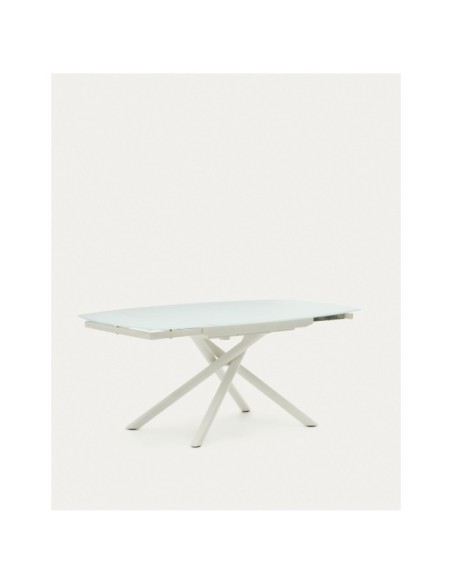 Mesa extensible Yodalia cristal templado y patas de acero acabado blanco 130(190)x100 cm - Kave Home