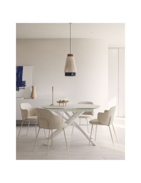 Mesa extensible Yodalia cristal templado y patas de acero acabado blanco 130(190)x100 cm - Kave Home