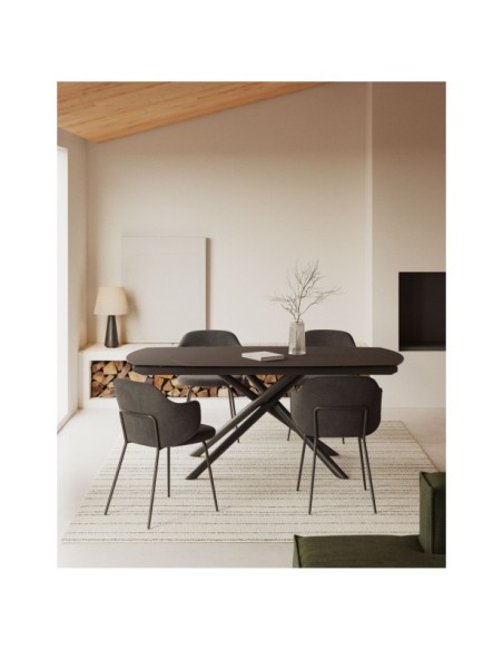 Mesa extensible Yodalia de cristal y patas de acero acabado negro 130 (190) x 100 cm - Kave Home