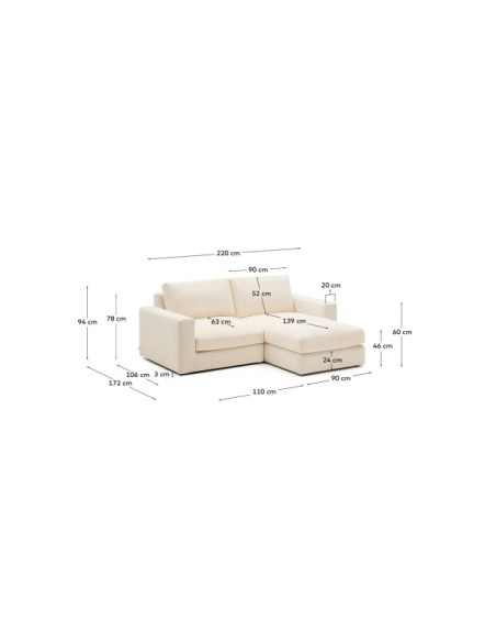 Sofá modular desenfundable Alea 3 plazas chenilla chaise longue derecho crudo 220 cm - Kave Home