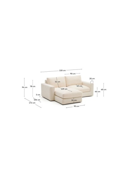 Sofá modular desenfundable Alea 3 plazas chenilla chaise longue izquierdo crudo 220 cm - Kave Home