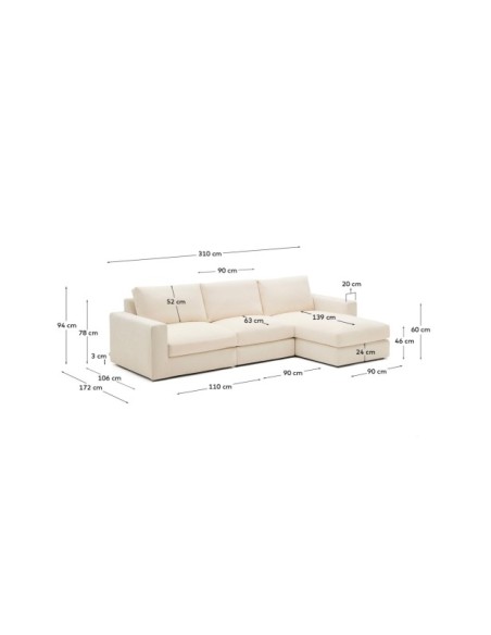 Sofá modular desenfundable Alea 4 plazas chenilla chaise longue derecho crudo 310 cm - Kave Home