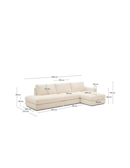 Sofá modular desenfundable Alea 5 plazas chenilla chaise longue derecho crudo 340 cm - Kave Home