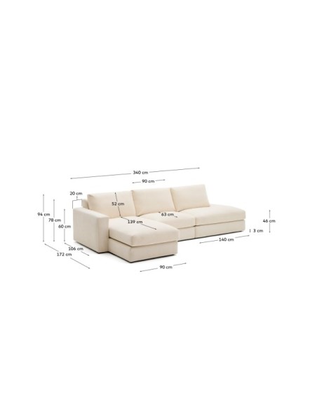 Sofá modular desenfundable Alea 5 plazas chenilla chaise longue izquierdo crudo 340 cm - Kave Home