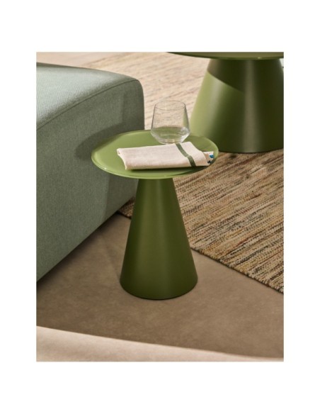 Mesa auxiliar Wilshire cristal templado glaseado y acero acabado pintado verde mate Ø30cm - Kave Home