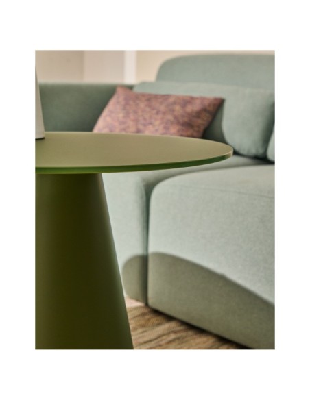 Mesa auxiliar Wilshire cristal templado glaseado y acero acabado pintado verde mate Ø50cm - Kave Home