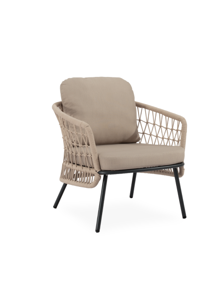 Conjunto de Jardín IDA 4 Piezas / Sofá + Sillones + Mesa de Centro, Cuerda Beige / Metal Negro