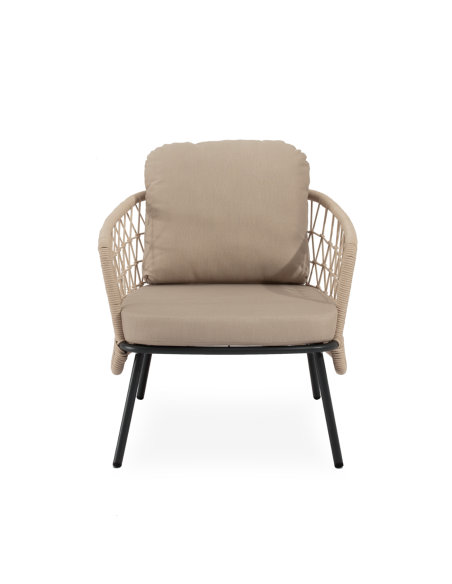 Conjunto de Jardín IDA 4 Piezas / Sofá + Sillones + Mesa de Centro, Cuerda Beige / Metal Negro