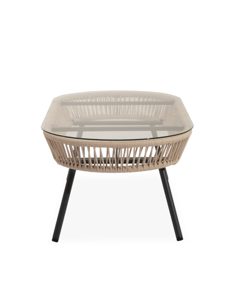 Conjunto de Jardín IDA 4 Piezas / Sofá + Sillones + Mesa de Centro, Cuerda Beige / Metal Negro