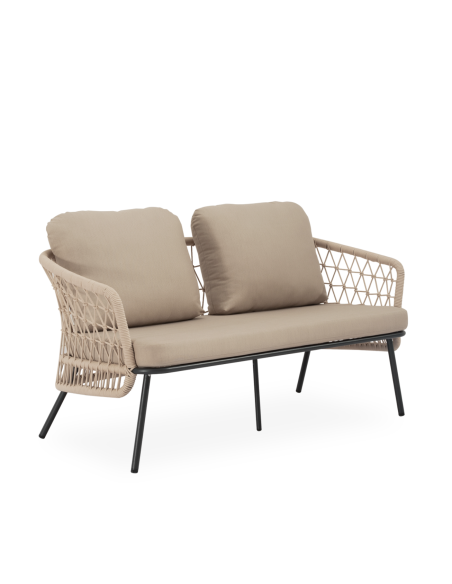 Conjunto de Jardín IDA 4 Piezas / Sofá + Sillones + Mesa de Centro, Cuerda Beige / Metal Negro