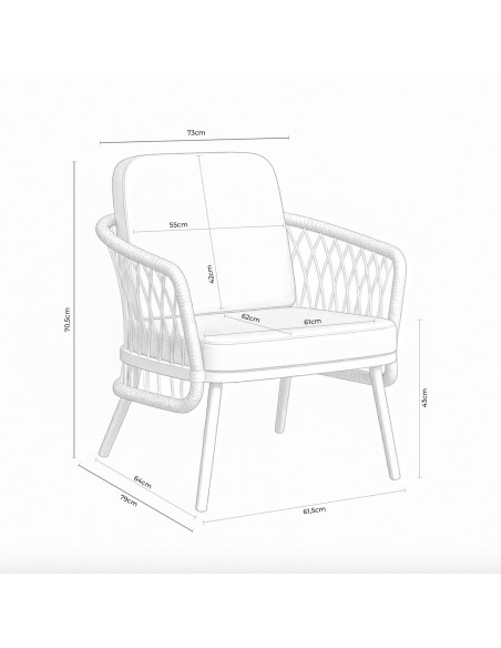 Conjunto de Jardín IDA 4 Piezas / Sofá + Sillones + Mesa de Centro, Cuerda Beige / Metal Negro