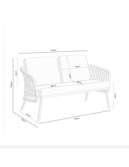 Conjunto de Jardín IDA 4 Piezas / Sofá + Sillones + Mesa de Centro, Cuerda Beige / Metal Blanco