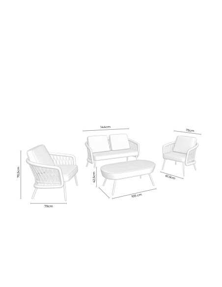 Conjunto de Jardín IDA 4 Piezas / Sofá + Sillones + Mesa de Centro, Cuerda Beige / Metal Blanco