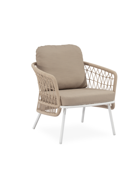 Conjunto de Jardín IDA 4 Piezas / Sofá + Sillones + Mesa de Centro, Cuerda Beige / Metal Blanco