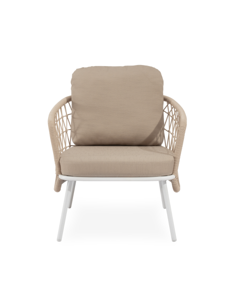 Conjunto de Jardín IDA 4 Piezas / Sofá + Sillones + Mesa de Centro, Cuerda Beige / Metal Blanco