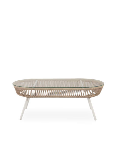 Conjunto de Jardín IDA 4 Piezas / Sofá + Sillones + Mesa de Centro, Cuerda Beige / Metal Blanco