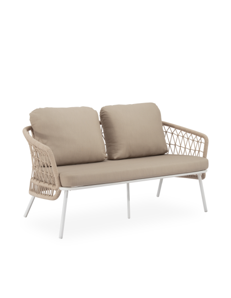 Conjunto de Jardín IDA 4 Piezas / Sofá + Sillones + Mesa de Centro, Cuerda Beige / Metal Blanco