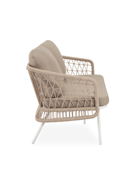 Conjunto de Jardín IDA 4 Piezas / Sofá + Sillones + Mesa de Centro, Cuerda Beige / Metal Blanco