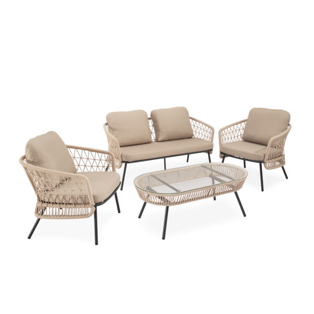 Conjunto Jardín IDA 4P/Sofá+Sillones+Mesa Centro, Beige/Negro- Vackart