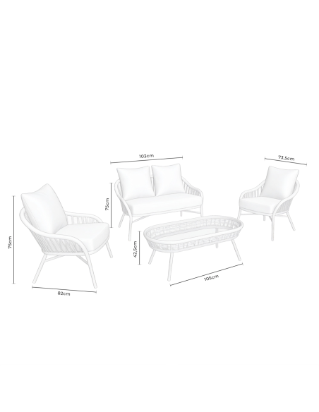 Conjunto de Jardín LUFT 4 Piezas / Sofá + Sillones + Mesa de Centro, Cuerda / Metal Beige