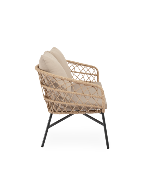 Conjunto de Jardín NYDE 4 Piezas / Sofá + Sillones + Mesa de Centro, Cuerda Beige / Metal Negro