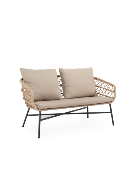 Conjunto de Jardín NYDE 4 Piezas / Sofá + Sillones + Mesa de Centro, Cuerda Beige / Metal Negro
