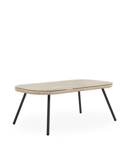 Conjunto de Jardín NYDE 4 Piezas / Sofá + Sillones + Mesa de Centro, Cuerda Beige / Metal Negro