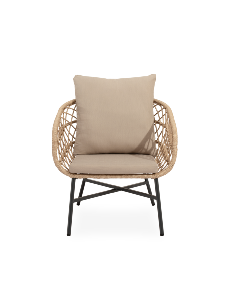 Conjunto de Jardín NYDE 4 Piezas / Sofá + Sillones + Mesa de Centro, Cuerda Beige / Metal Negro