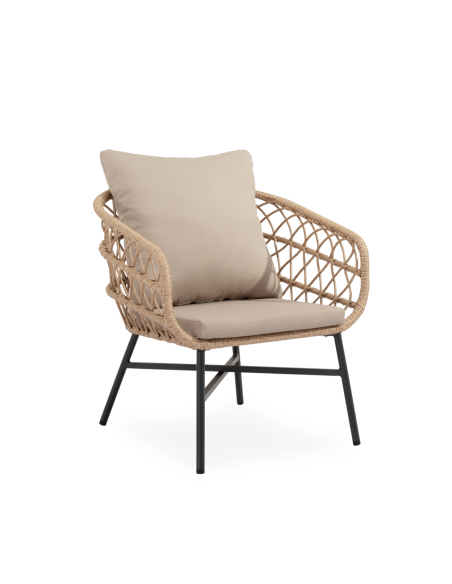 Conjunto de Jardín NYDE 4 Piezas / Sofá + Sillones + Mesa de Centro, Cuerda Beige / Metal Negro